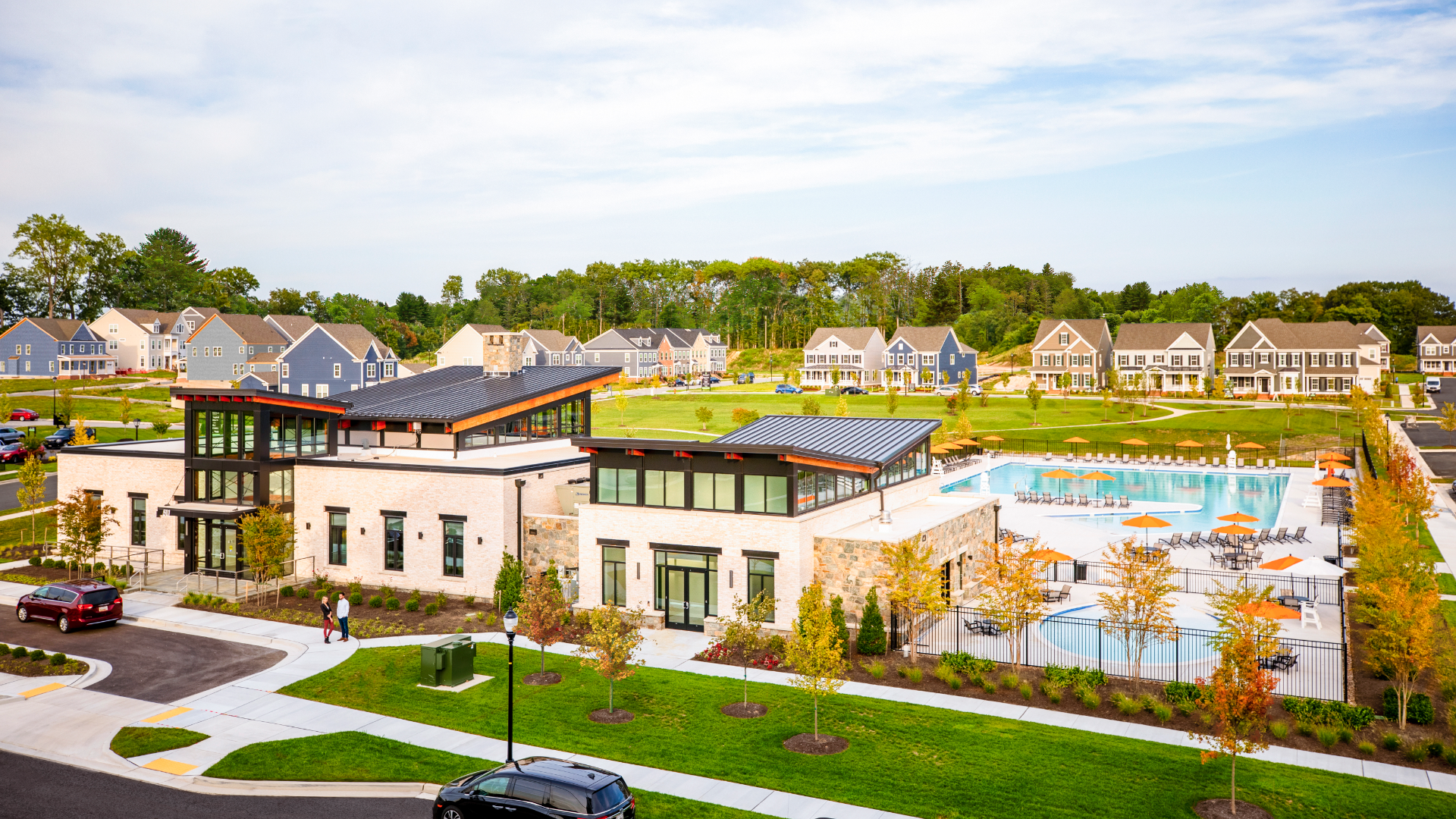 Greenleigh community clubhouse, pool and single-family homes