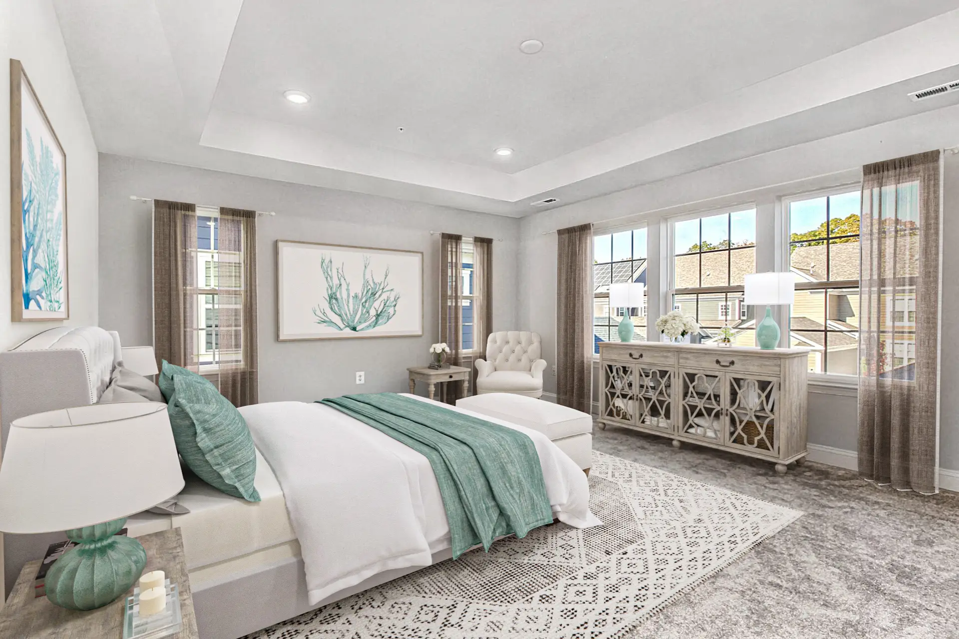 Luxurious bedroom with box ceiling in one of the DRB Homes at Greenleigh, our new planned community in Maryland 
