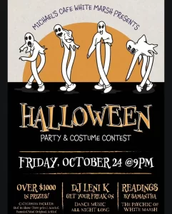 Flyer for the Halloween Party at Michael's Cafe, as an example of one of the fun Baltimore County events happening near Greenleigh this Fall