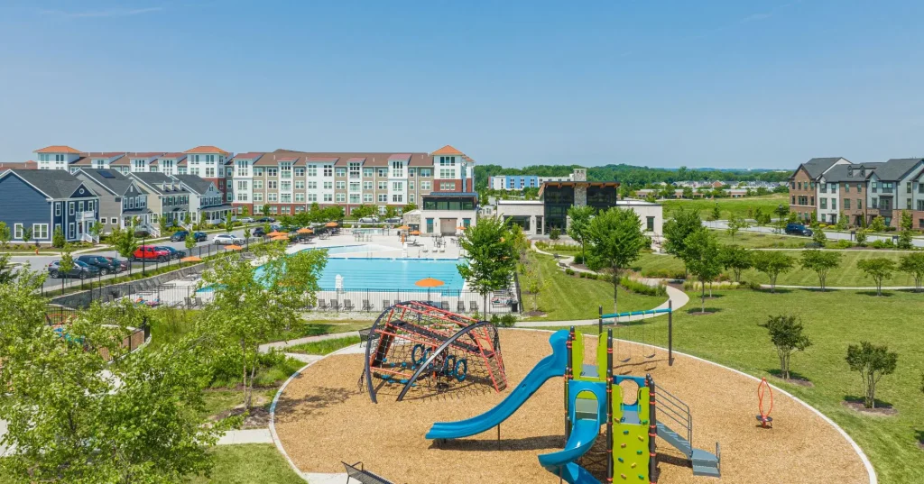 New homes for sale in White Marsh MD at Greenleigh and an aerial view of the community as a whole including the playground and pool deck