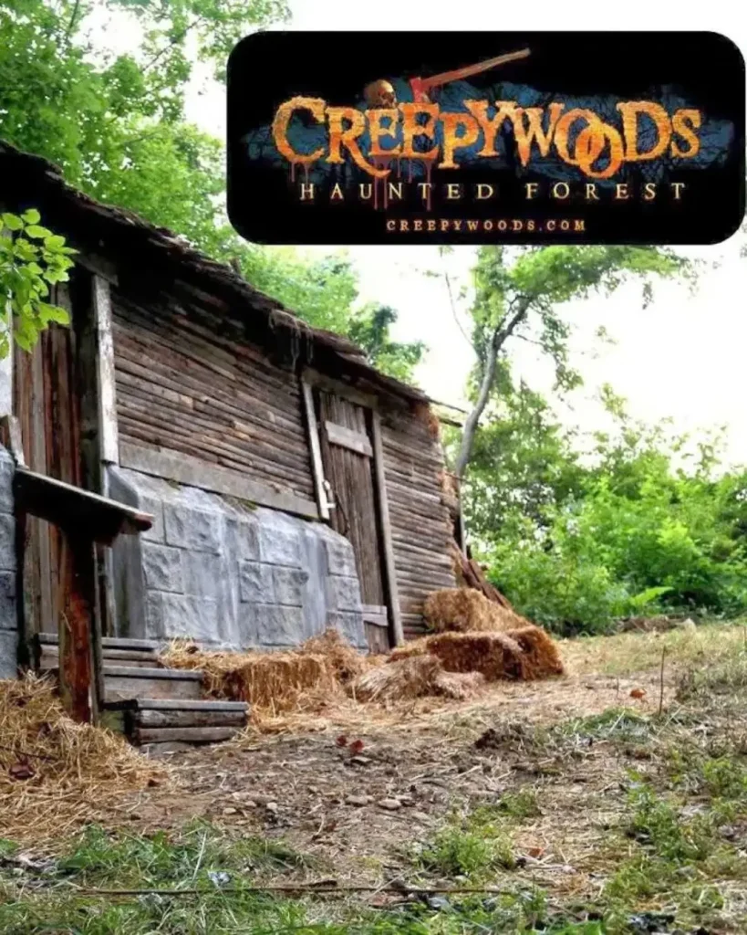 A flyer for Creepywoods haunted forest showing a rickety old home in the woods